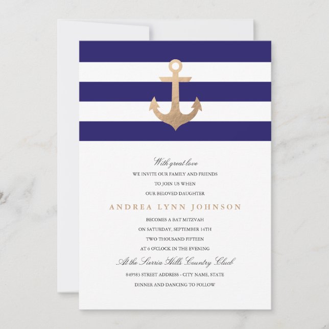 Nautical Navy Bat Mitzvah Invitation (Front)