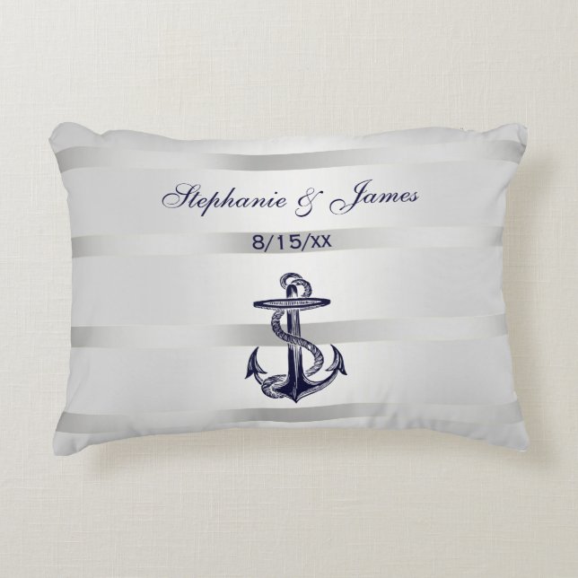 Nautical Navy Blu Anchor Silver White Decorative Cushion (Front)