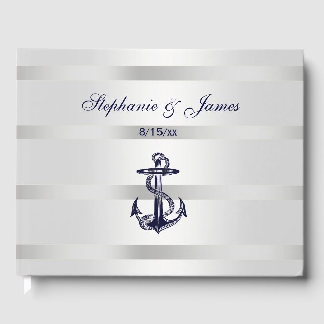 Nautical Navy Blu Anchor Silver White Guest Book (Front)