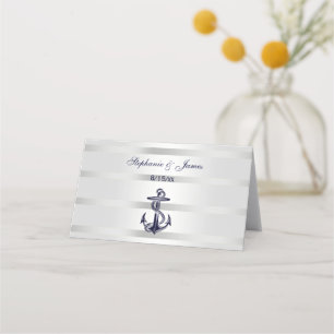 Nautical Navy Blu Anchor Silver Wht Escort Cards