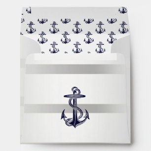 Nautical Navy Blu Anchor Silver Wht SQ Envelopes