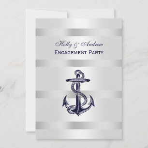 Nautical Navy Blu Anchor Silver Wt BG V Engagement Invitation
