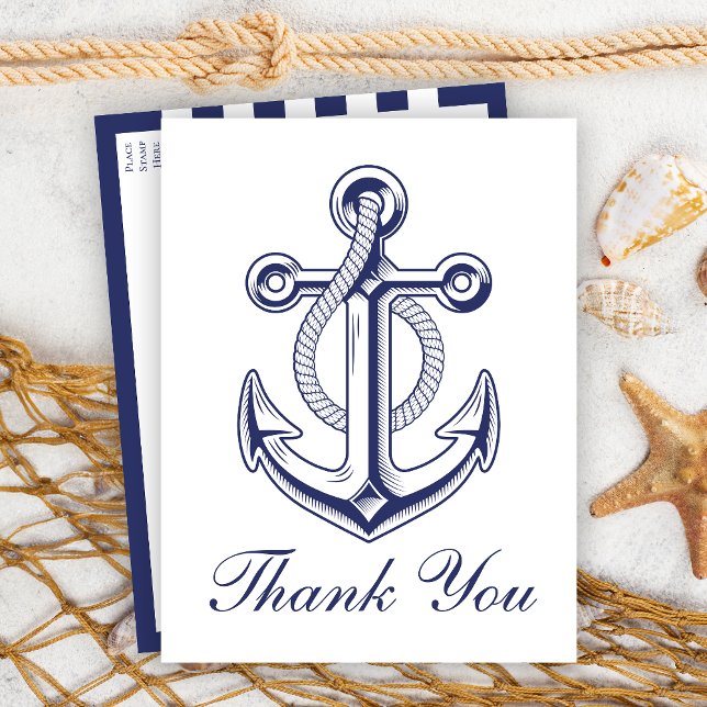 Nautical Navy Blue Achor Wedding Thank You Postcard (Creator Uploaded)