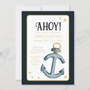 Nautical Navy Blue Ahoy Birthday Invitation
