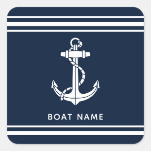 Nautical Navy Blue Anchor and Boat Name Custom Square Sticker