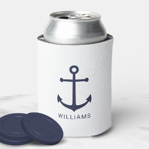 Nautical Navy Blue Anchor and Custom Name Can Cooler