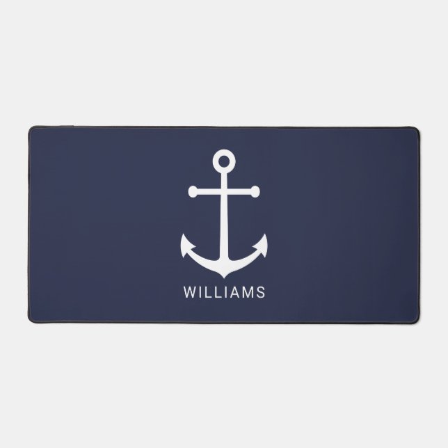 Nautical Navy Blue Anchor and Custom Name Desk Mat (Front)
