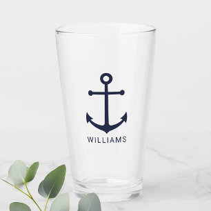 Nautical Navy Blue Anchor and Custom Name Glass