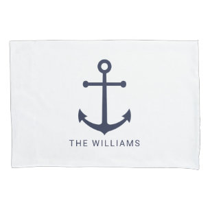 Nautical Navy Blue Anchor and Custom Name Pillowcase