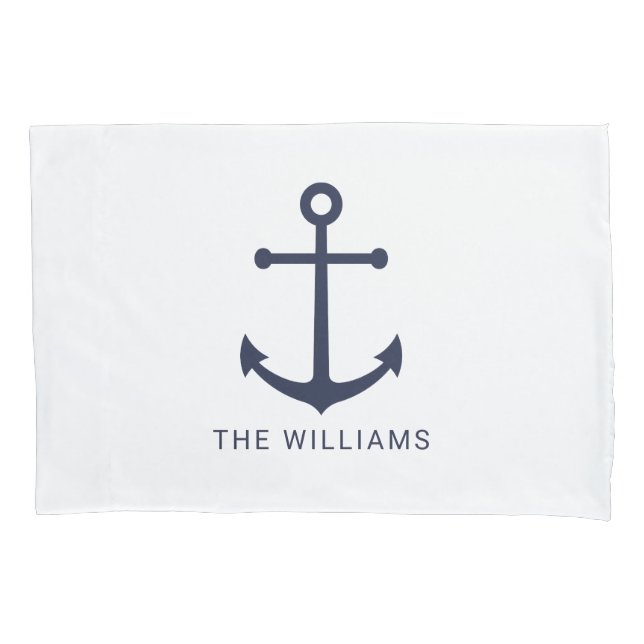 Nautical Navy Blue Anchor and Custom Name Pillowcase (Front)