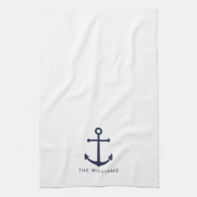 Nautical Navy Blue Anchor and Custom Name Tea Towel (Vertical)