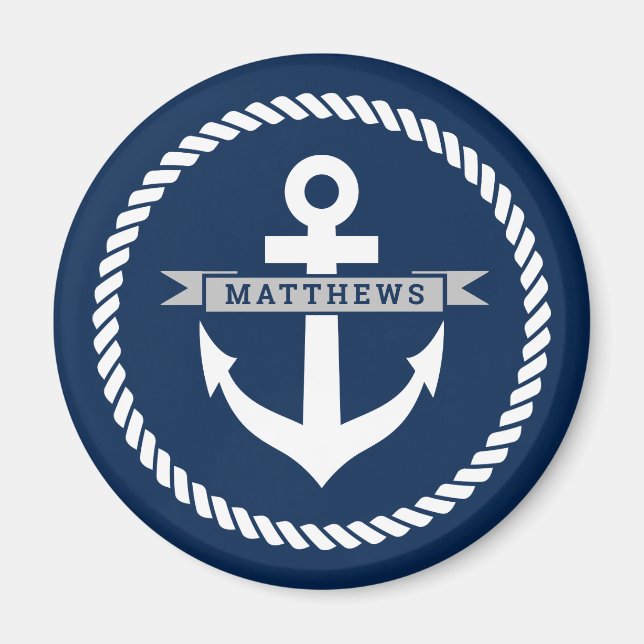 Nautical navy blue anchor and rope custom fridge magnet (Front)