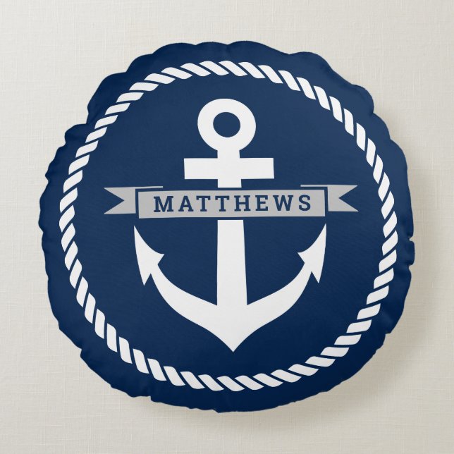 Nautical navy blue anchor and rope family name round cushion (Front)