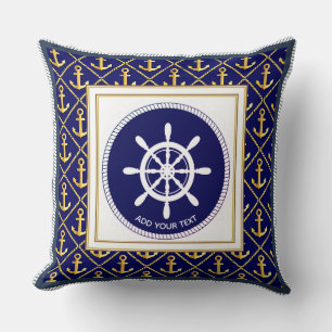 Nautical Navy Blue Anchor and Ship’s Wheel Cushion