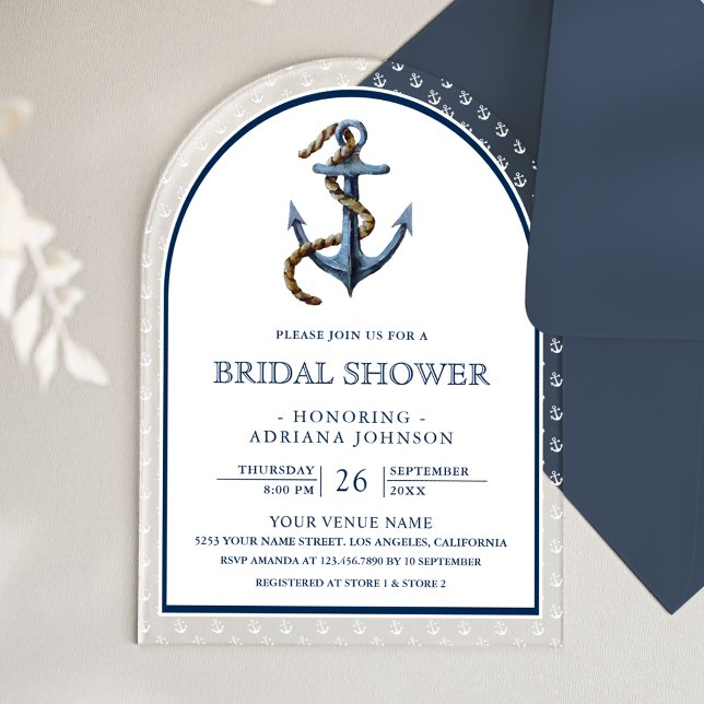 Nautical Navy Blue Anchor Arch Bridal Shower Acrylic Invitations (Creator Uploaded)