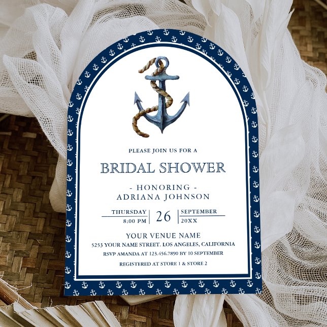 Nautical Navy Blue Anchor Arch Bridal Shower Invitation (Creator Uploaded)