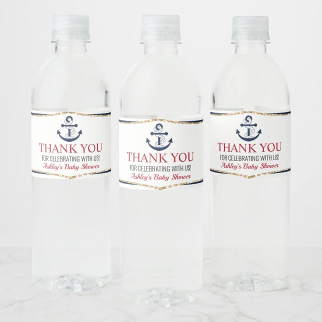 Nautical Navy Blue Anchor Baby Shower Favour Water Bottle Label (Bottles)