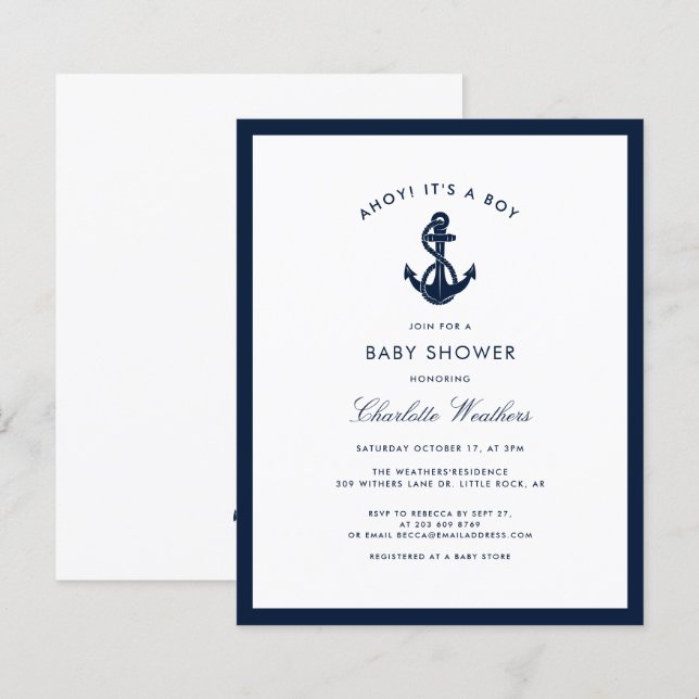 Nautical Navy Blue Anchor Baby Shower Invitation (Front/Back)
