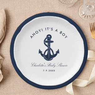 Nautical Navy Blue Anchor Baby Shower Paper Plate