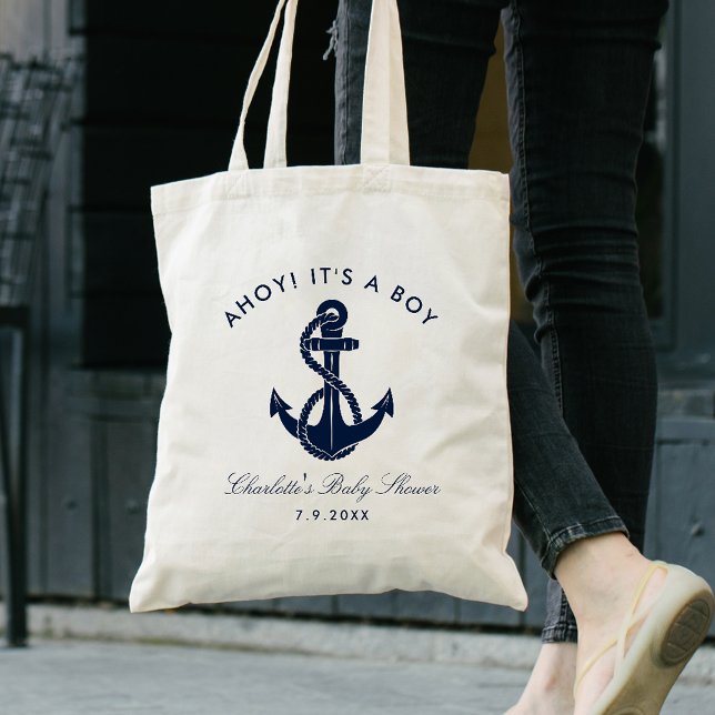 Nautical Navy Blue Anchor Baby Shower Personalised Tote Bag (Nautical Anchor Boy Baby Shower Tote Bag)