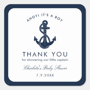 Nautical Navy Blue Anchor Baby Shower Thank You Square Sticker
