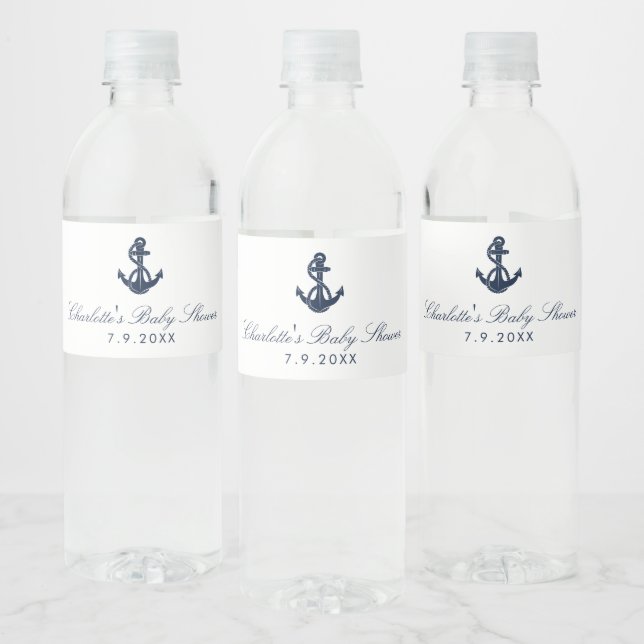 Nautical Navy Blue Anchor Baby Shower Water Bottle Label (Bottles)
