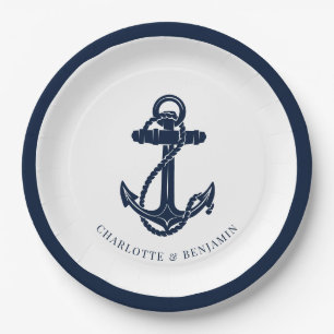 Nautical Navy Blue Anchor Beach Wedding Paper Plate