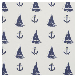 Nautical Navy blue anchor/blue sailboat silhouette Fabric