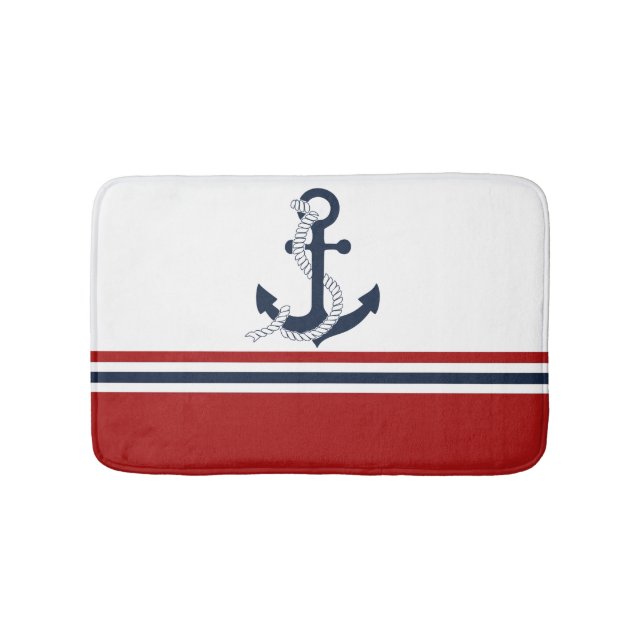 Nautical Navy Blue Anchor Blue White Red Stripes Bath Mat (Front)