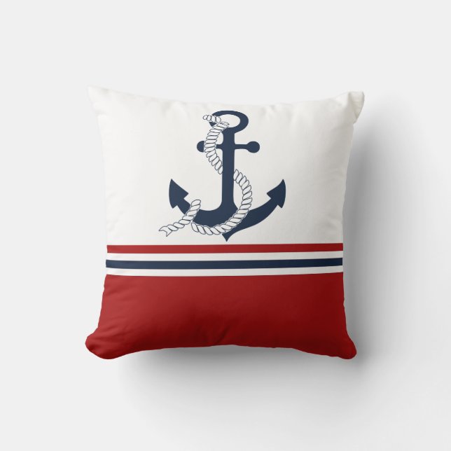 Nautical Navy Blue Anchor Blue White Red Stripes Cushion (Front)