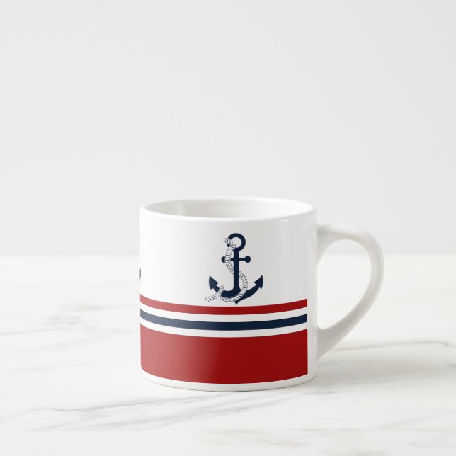 Nautical Navy Blue Anchor Blue White Red Stripes Espresso Cup (Right)