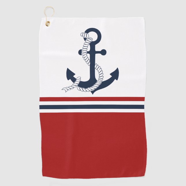 Nautical Navy Blue Anchor Blue White Red Stripes Golf Towel (Front)