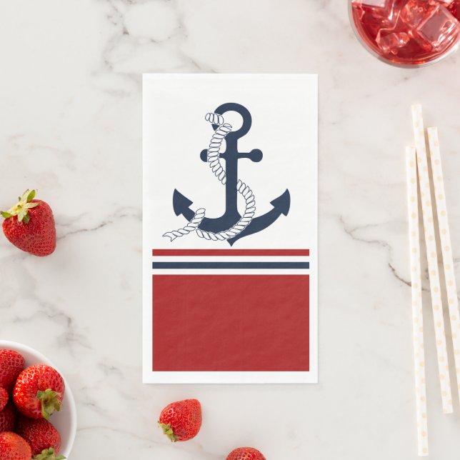 Nautical Navy Blue Anchor Blue White Red Stripes Napkin (Insitu)