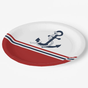 Nautical Navy Blue Anchor Blue White Red Stripes Paper Plate