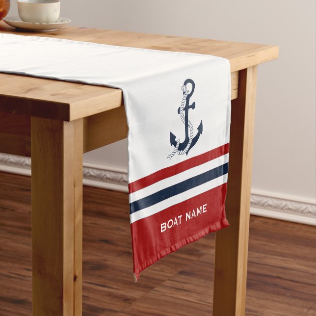 Nautical Navy Blue Anchor Blue White Red Stripes Short Table Runner (In Situ)