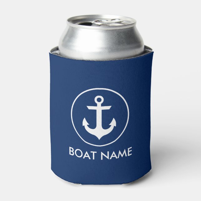 Nautical Navy Blue Anchor Boat Name Can Cooler (Can Front)