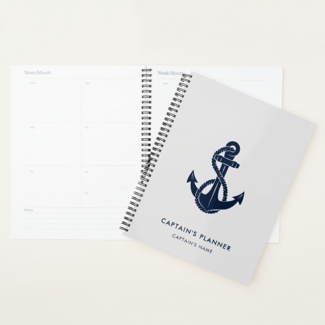 Nautical Navy Blue Anchor Boat Name Captains Planner (Display)