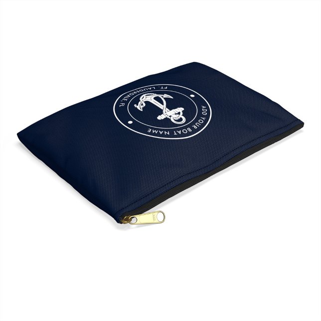 Nautical Navy Blue Anchor Boat Name Custom Accessory Pouch (Nautical Anchor Captain Sailor Navy Blue Boating Accessories Pouch)