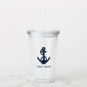 Nautical Navy Blue Anchor Boat Name Custom Acrylic Tumbler