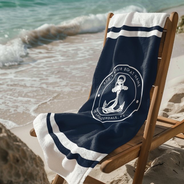 Nautical Navy Blue Anchor Boat Name Custom Beach Towel (Nautical Anchor Custom Boat Name White and Navy Blue Beach Towel)
