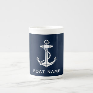 Nautical Navy Blue Anchor Boat Name Custom Bone China Mug