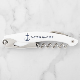 Nautical Navy Blue Anchor Boat Name Custom Corkscrew