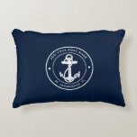Nautical Navy Blue Anchor Boat Name Custom Decorative Cushion<br><div class="desc">Add your boat name and dock by clicking the "Personalize" button. Set sail in style with our custom nautical-themed boating swag. The Accent Pillow boasts a cute design inspired by the ocean's wonders, featuring classic maritime motifs such as an anchor and rope. Whether you're cruising along the coast or embarking...</div>