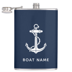 Nautical Navy Blue Anchor Boat Name Custom Hip Flask