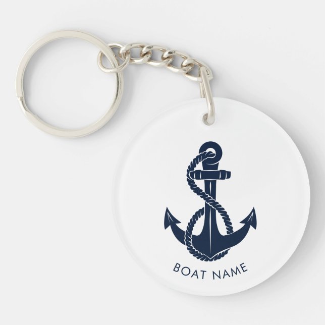 Nautical Navy Blue Anchor Boat Name Custom Key Ring (Front)