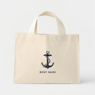 Nautical Navy Blue Anchor Boat Name Custom Mini Tote Bag