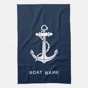 Nautical Navy Blue Anchor Boat Name Custom Tea Towel