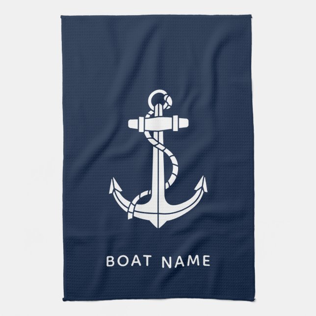 Nautical Navy Blue Anchor Boat Name Custom Tea Towel (Vertical)