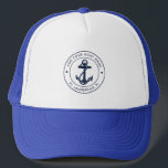 Nautical Navy Blue Anchor Boat Name Custom Trucker Hat<br><div class="desc">Add your boat name, and dock by clicking the "Personalise" button above. Set sail in style with our custom nautical-themed hat, the ultimate companion for your maritime adventures. This trucker hat boasts a cute design inspired by the ocean's wonders, featuring classic maritime motifs such as an anchor and rope. Whether...</div>