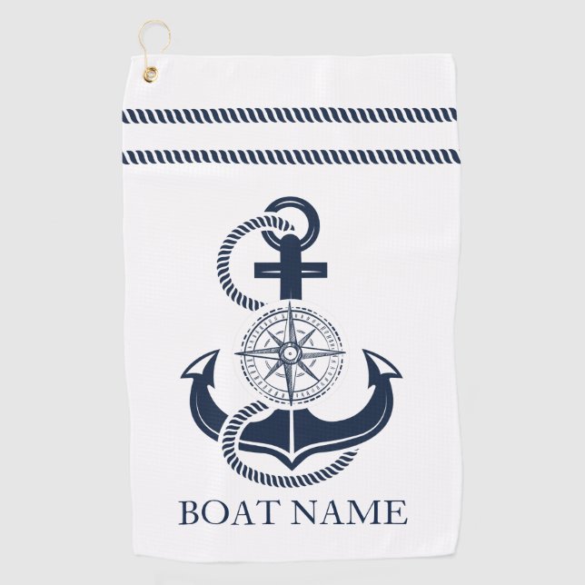 Nautical Navy Blue Anchor Boat Name Golf Towel (Front)